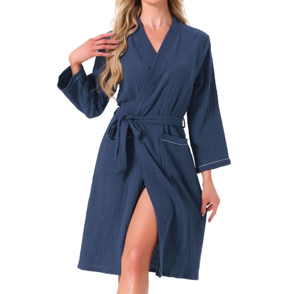 Womens Casual Soft Cotton Robes Long Sleeves Bathrobe Navy